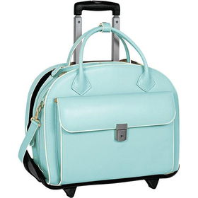 15.4" Glen Ellyn Aqua Blue Italian Leather Detachable-Wheeled Ladies' Notebook Briefcase