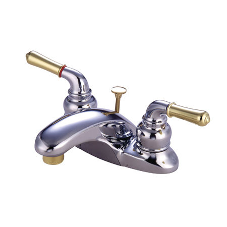 Kingston Brass Two Handle 4 in. Centerset Lavatory Faucet with Pop-up Drain KB624, Chrome with Polished Brass Accents