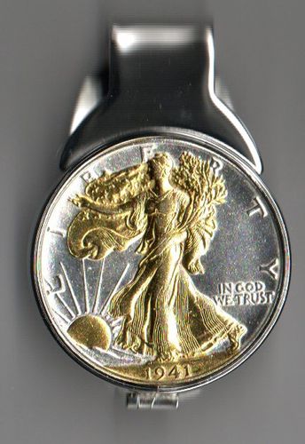 2-Toned Gold on Silver Old U.S. Walking Liberty half dollar (Spring loaded) Money clip