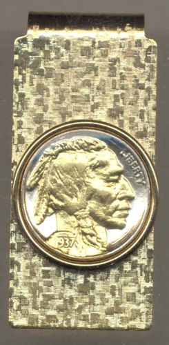 2-Toned Gold on Silver Old  U.S. Indian nickel (Hinged) Money clips