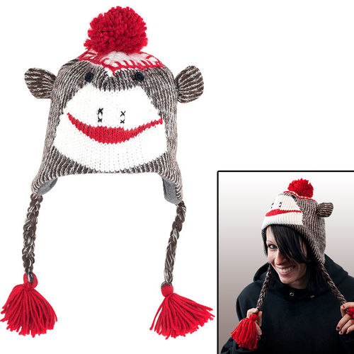 Adult Size Brown Sock Monkey Knit Hat with PolyFleece Lining