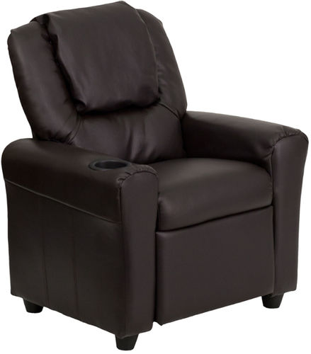 Contemporary Brown Vinyl Kids Recliner with Cup Holder and Headrest