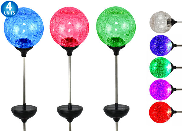 4 Pc - Solar LED Color Changing Crackle Glass Globes - Garden Landscaping Decorative LED Standing Globes