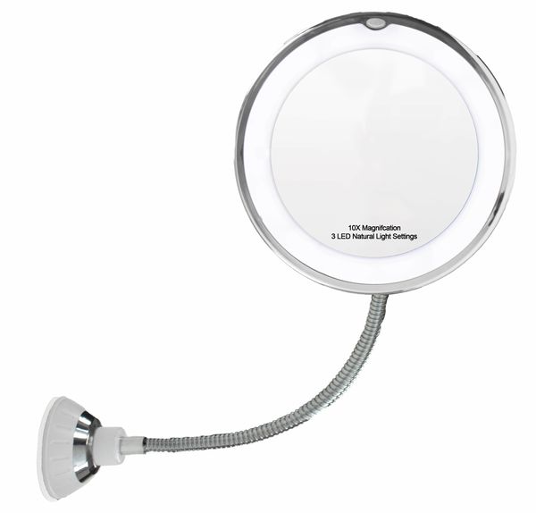 14 LED Suction Cup Makeup Mirror - 6.5" 10X Magnifying Mirror, Flexible 360 Degree Swiveling Gooseneck Bathroom Vanity Mirror - With Power Locking Suction Cup - LED Natural Diffused Bright Light - Portable & Cordless